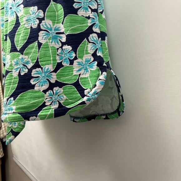 T by Talbots Blue Green Hawaiian Print Dress Tie Waist Navy Trimmed Caged Back - Picture 5 of 16